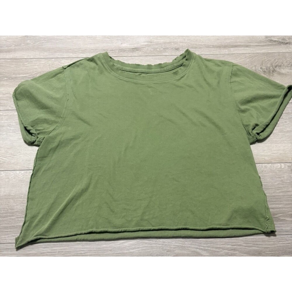 Free People We The Free Army Green Raw Hem Boat Neck Cropped Cotton Tee Small